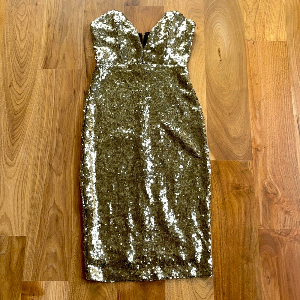 Gold sequined strapless dress - Picture 2 of 5